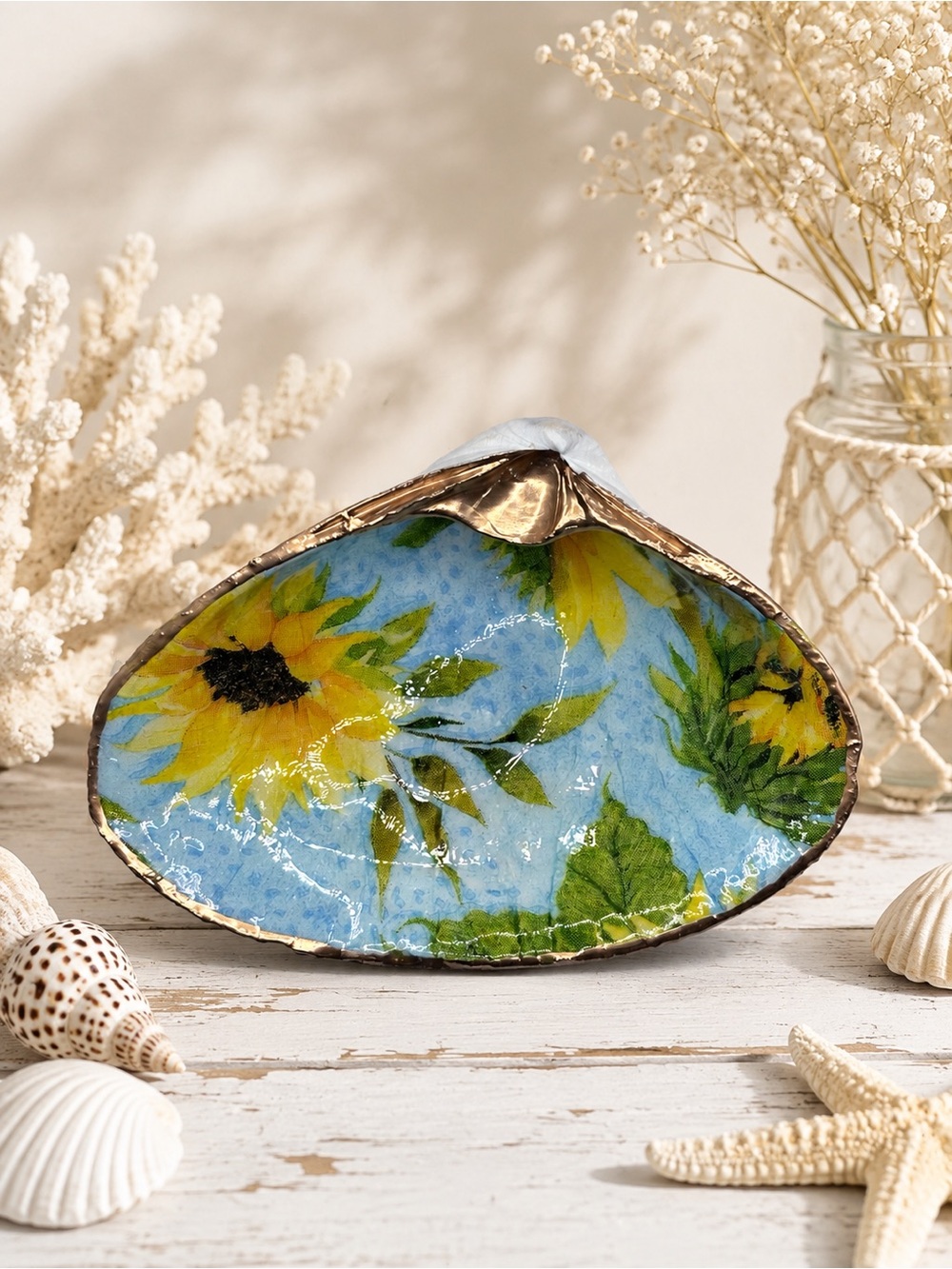 Hand-Painted Sunflower Shell Décor Bowl - Blue and Yellow